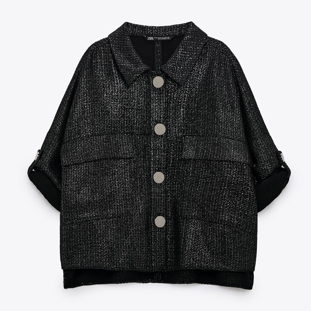 ZARA Black Metallic Button Front Shacket Cardigan